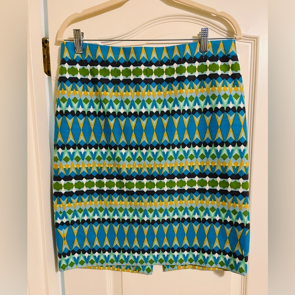 J. Crew Blue and Green Geometric Pencil Skirt